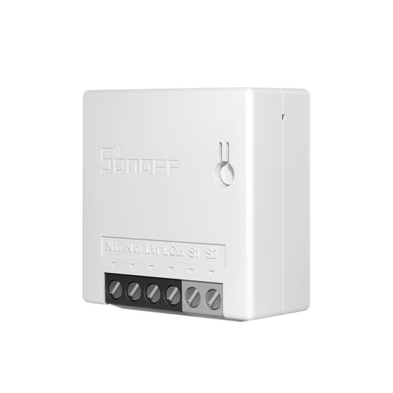 A white Sonoff Mini R2 WiFi smart home timing switch with a white exterior and multiple buttons on the front panel.