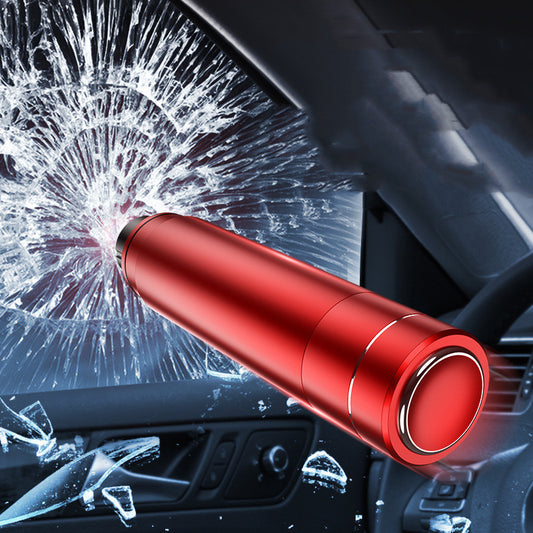 A red safety hammer with a metallic head, shown breaking a glass, indicating its use for emergency escape purposes.