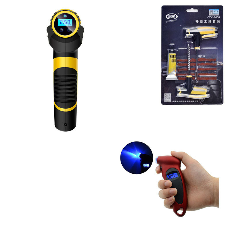 A hand holding a digital tire pressure gauge with a blue LCD screen, against the backdrop of a car tire.