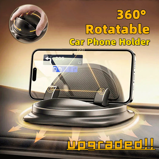 An advertisement image showing a 360° rotatable car phone holder with an upgraded, reusable silicone base. The image depicts the holder in use with a phone secured in it, and includes a close-up view of the rotatable mechanism.