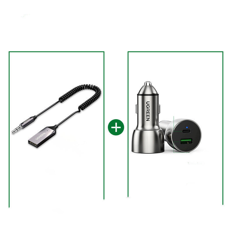 UGREEN Bluetooth Aux Adapter with a coiled cable and a 3.5mm jack connector on one end and a USB connector on the other.