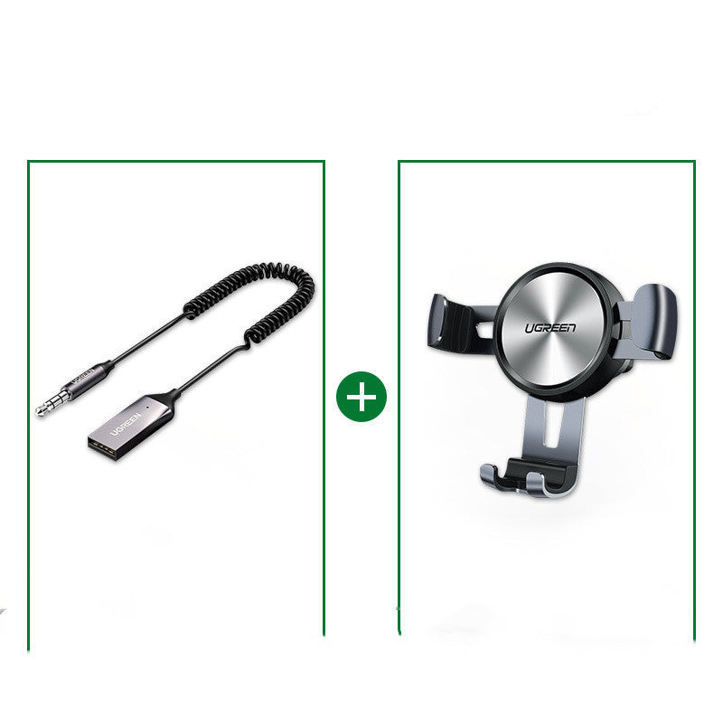 UGREEN Bluetooth Aux Adapter with a coiled cable and a 3.5mm jack connector on one end and a USB connector on the other.